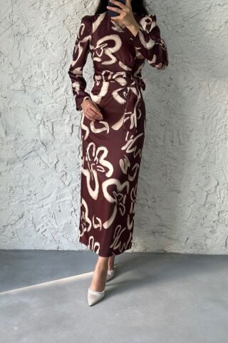 Pattern Detailed Satin Hijab Dress Brown