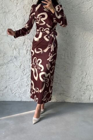 Pattern Detailed Satin Hijab Dress Brown