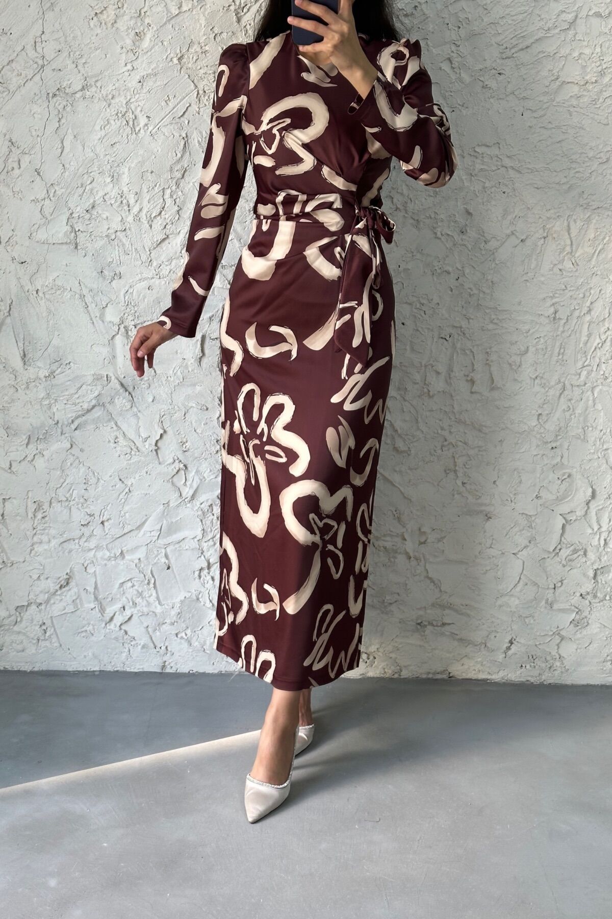 Pattern Detailed Satin Hijab Dress Brown