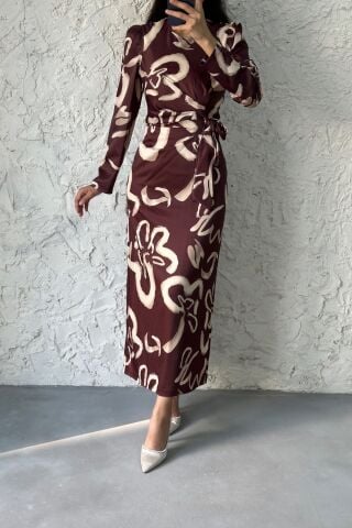 Pattern Detailed Satin Hijab Dress Brown