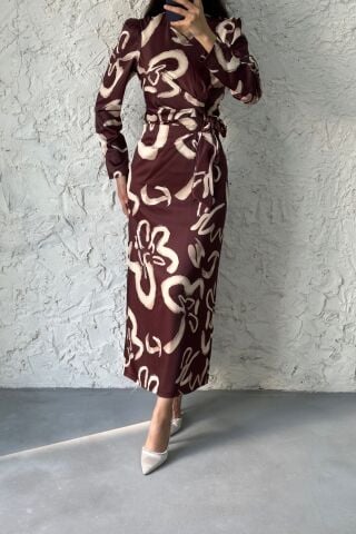 Pattern Detailed Satin Hijab Dress Brown
