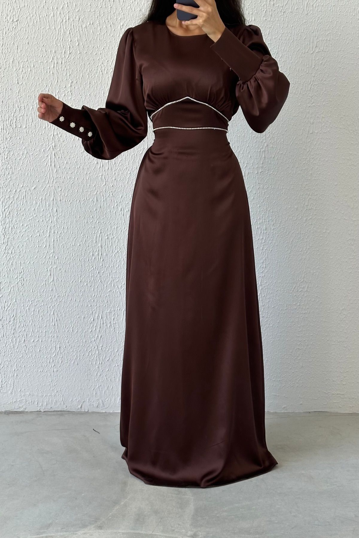 Touch of Pearl: Back Tied Satin Hijab Evening Dress Brown