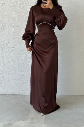 Touch of Pearl: Back Tied Satin Hijab Evening Dress Brown