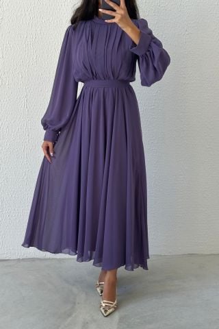 Eşsiz Tasarım Şifon Tesettür Abiye Lila