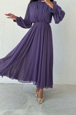 Eşsiz Tasarım Şifon Tesettür Abiye Lila