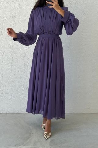 Eşsiz Tasarım Şifon Tesettür Abiye Lila