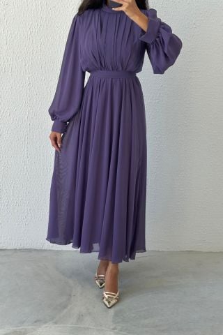 Eşsiz Tasarım Şifon Tesettür Abiye Lila