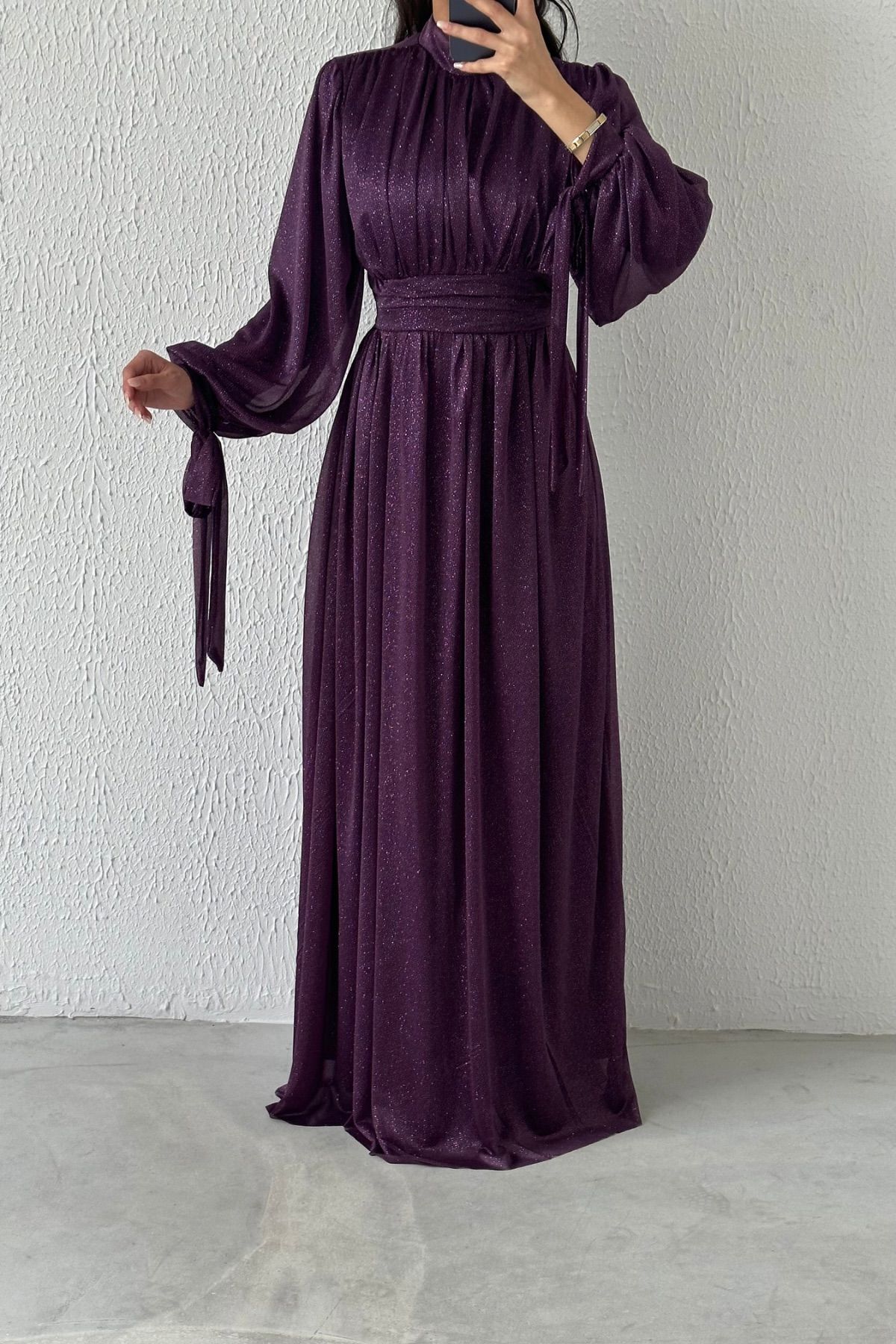 Koldan Detaylı Simli Tesettür Abiye Mor