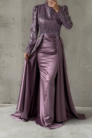 Unique Design Perelinli Satin Hijab Evening Dress Lilac
