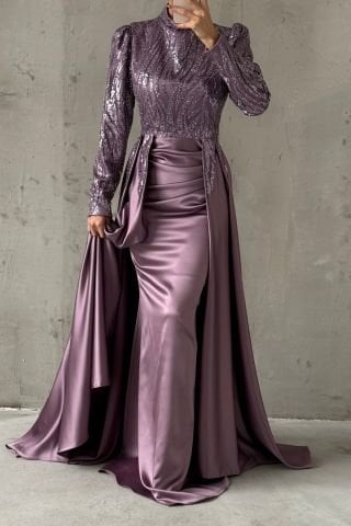 Unique Design Perelinli Satin Hijab Evening Dress Lilac