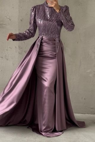 Eşsiz Tasarım Perelinli Saten Tesettür Abiye Lila