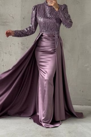 Unique Design Perelinli Satin Hijab Evening Dress Lilac
