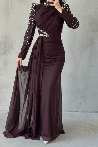 Uniquely Embellished Tailed Hijab Evening Dress, Bitter Coffee