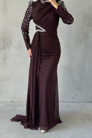 Uniquely Embellished Tailed Hijab Evening Dress, Bitter Coffee