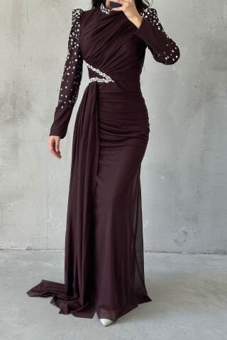 Uniquely Embellished Tailed Hijab Evening Dress, Bitter Coffee