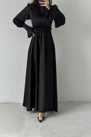 Volan Kol Detaylı Saten Tesettür Abiye Siyah