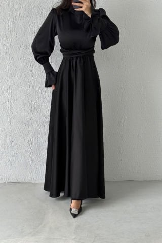 Volan Kol Detaylı Saten Tesettür Abiye Siyah