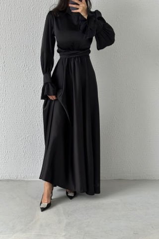 Satin Hijab Evening Dress with Flounce Sleeve Detail, Black