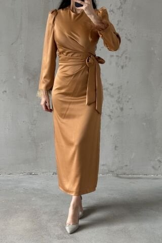 Pencil Satin Hijab Evening Dress Copper with Feather Sleeves