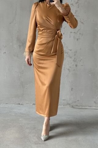 Kolu Tüylü Kalem Saten Tesettür Abiye Bakır