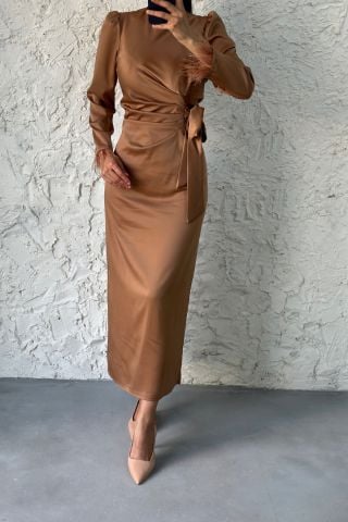 Pencil Satin Hijab Evening Dress Copper with Feather Sleeves