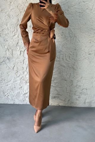 Pencil Satin Hijab Evening Dress Copper with Feather Sleeves