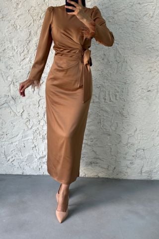 Pencil Satin Hijab Evening Dress Copper with Feather Sleeves