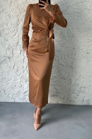 Pencil Satin Hijab Evening Dress Copper with Feather Sleeves