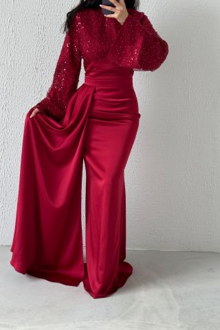 Kuyruk Detaylı Üstü Payet Saten Tesettür Abiye Bordo