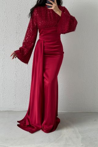 Kuyruk Detaylı Üstü Payet Saten Tesettür Abiye Bordo