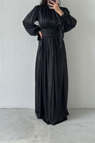 Silvery Hijab Evening Dress with Sleeve Detail, Black