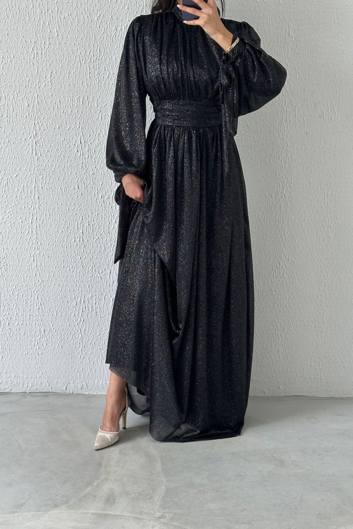 Silvery Hijab Evening Dress with Sleeve Detail, Black