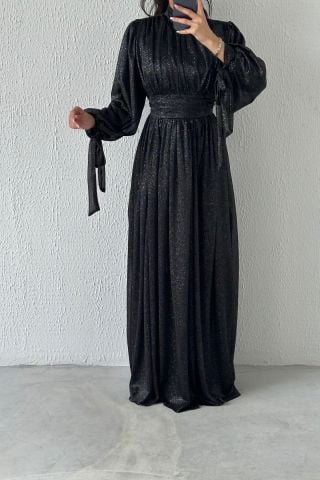 Silvery Hijab Evening Dress with Sleeve Detail, Black