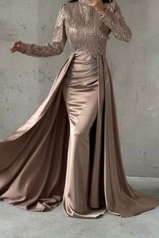Unique Design Mink Satin Hijab Evening Dress