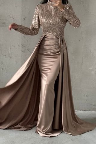 Eşsiz Tasarım Perelinli Saten Tesettür Abiye Vizon