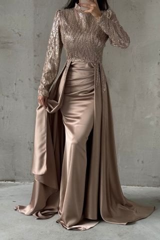 Eşsiz Tasarım Perelinli Saten Tesettür Abiye Vizon