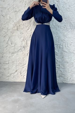 Stone Detailed Gathered Satin Hijab Evening Dress Navy Blue