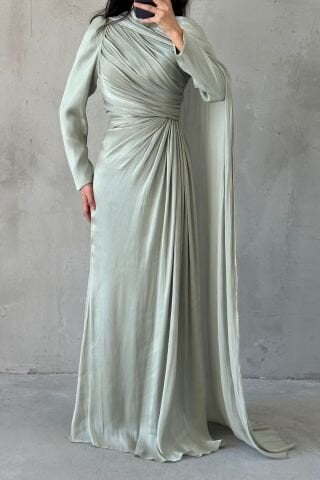 Janjan Hijab Evening Dress with Cape Detail on the Shoulder, Aqua Green