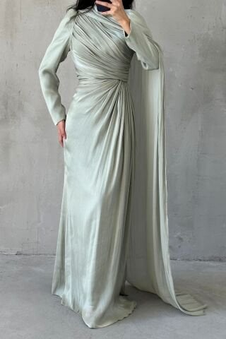 Janjan Hijab Evening Dress with Cape Detail on the Shoulder, Aqua Green