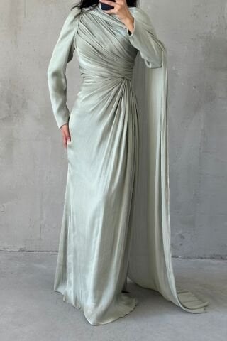 Janjan Hijab Evening Dress with Cape Detail on the Shoulder, Aqua Green
