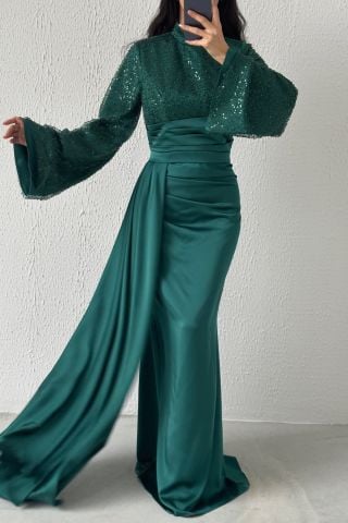 Sequin Satin Hijab Evening Dress Green with Tail Detail