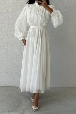 Eşsiz Tasarım Şifon Tesettür Abiye Beyaz