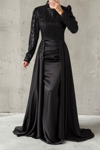 Eşsiz Tasarım Perelinli Saten Tesettür Abiye Siyah