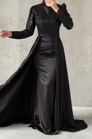 Eşsiz Tasarım Perelinli Saten Tesettür Abiye Siyah