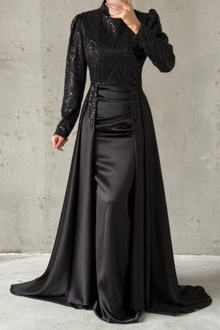 Eşsiz Tasarım Perelinli Saten Tesettür Abiye Siyah