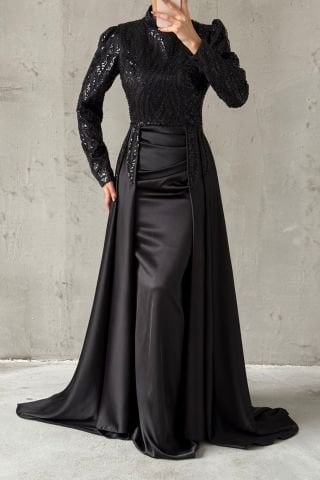 Unique Design Perelinli Satin Hijab Evening Dress Black