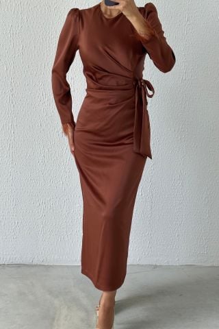 Kolu Tüylü Kalem Saten Tesettür Abiye Açık Kahve