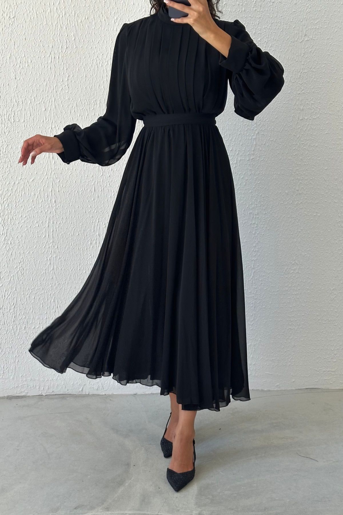 Eşsiz Tasarım Şifon Tesettür Abiye Siyah