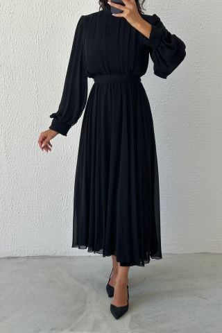 Eşsiz Tasarım Şifon Tesettür Abiye Siyah