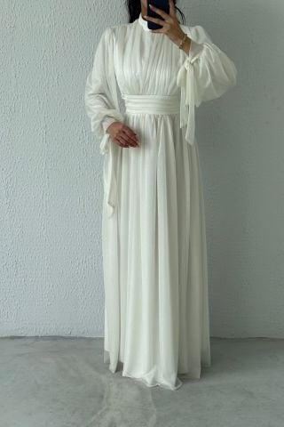 Glittered Hijab Evening Dress Ecru with Sleeve Detail